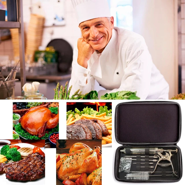 Alt view image 4 of 7 - Meat Injector Syringe Stainless Steel Outdoor Meat Kit Marinade Flavor Food Injector Syringes with 4 Marinades Needles Grill Smoker Injectors Professional Syringe Held Culinary Barbecue Tool For BBG