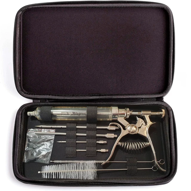 Alt view image 3 of 7 - Meat Injector Syringe Stainless Steel Outdoor Meat Kit Marinade Flavor Food Injector Syringes with 4 Marinades Needles Grill Smoker Injectors Professional Syringe Held Culinary Barbecue Tool For BBG