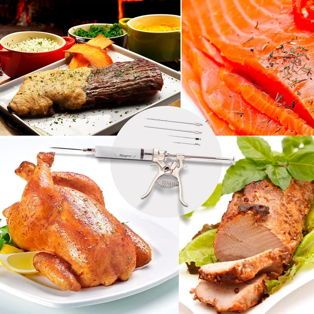 Alt view image 6 of 7 - Meat Injector Syringe Stainless Steel Outdoor Meat Kit Marinade Flavor Food Injector Syringes with 4 Marinades Needles Grill Smoker Injectors Professional Syringe Held Culinary Barbecue Tool For BBG