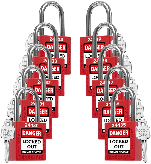 Main image of Lockout Locks, 10 Red Loto Locks Keyed Different, 1 Key Each