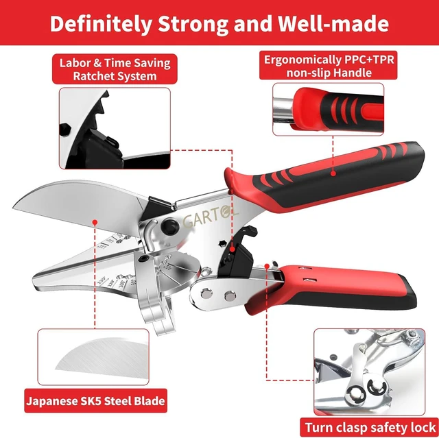 Alt view image 2 of 7 - Ratchet Miter Shears, 45°-135° Adjustable Multi-Angle Cutter for Molding, Trim & Quarter Round Precision Hand Tool for PVC & Soft Wood Includes 5 Anvils & Replaceable Blade