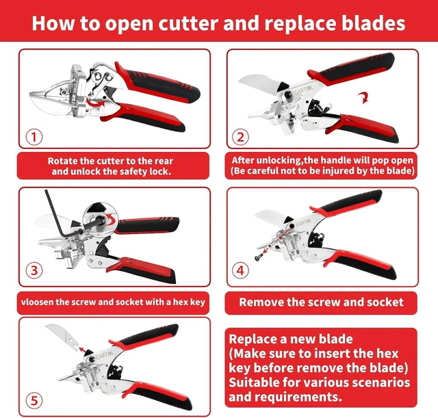 Alt view image 5 of 7 - Ratchet Miter Shears, 45°-135° Adjustable Multi-Angle Cutter for Molding, Trim & Quarter Round Precision Hand Tool for PVC & Soft Wood Includes 5 Anvils & Replaceable Blade