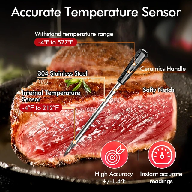 Alt view image 2 of 7 - Wireless Smart Bluetooth Meat Thermometer Digital for BBQ, Grill, Oven, Smoker, 500ft Range Cooking Thermometer with Ultra-Thin Wireless Meat Probe, Perfect for Steak, Chicken, Turkey