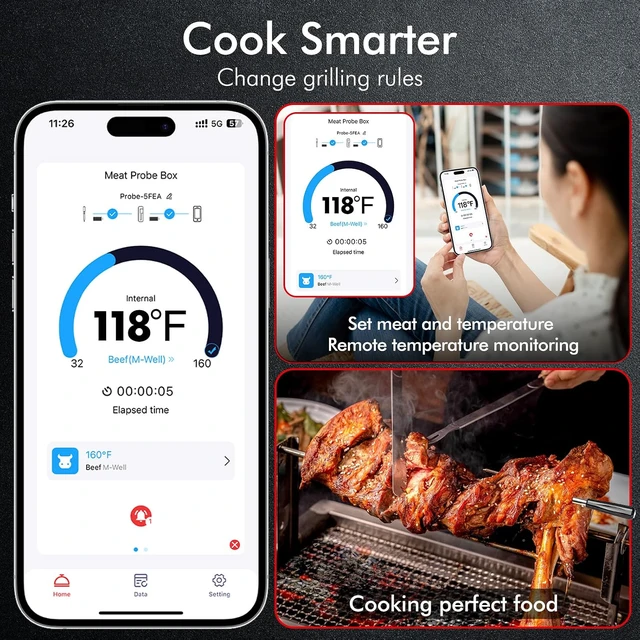 Alt view image 3 of 7 - Wireless Smart Bluetooth Meat Thermometer Digital for BBQ, Grill, Oven, Smoker, 500ft Range Cooking Thermometer with Ultra-Thin Wireless Meat Probe, Perfect for Steak, Chicken, Turkey