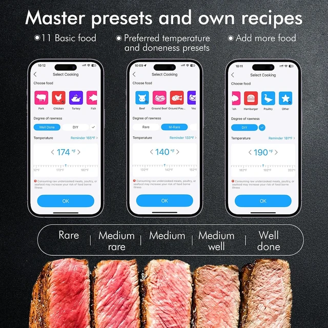 Alt view image 4 of 7 - Wireless Smart Bluetooth Meat Thermometer Digital for BBQ, Grill, Oven, Smoker, 500ft Range Cooking Thermometer with Ultra-Thin Wireless Meat Probe, Perfect for Steak, Chicken, Turkey