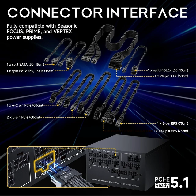 Alt view image 2 of 6 - X-Enlazar PSU Cable Kit for Seasonic Power Supplies - 90-Degree Connectors, Individually Sleeved with Braiding & Combs, 16AWG Wire, 9-Piece Kit, Type-B PCIe GPU Connectors - Black