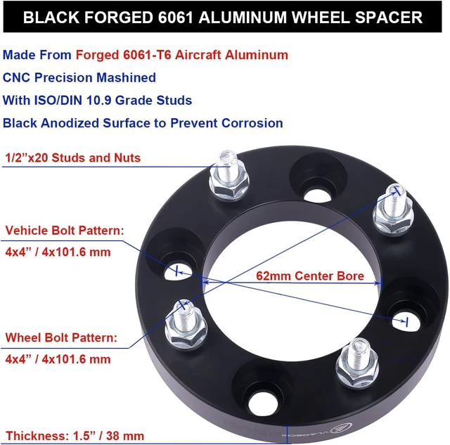 Alt view image 4 of 6 - Black Forged 1.5" 4x4 Golf Cart Wheel Spacers with 1/2" Studs, Compatible with EZ GO, EZGO & Club Car (4x101.6mm Bolt Pattern, 62mm Center Bore) Pack of 2
