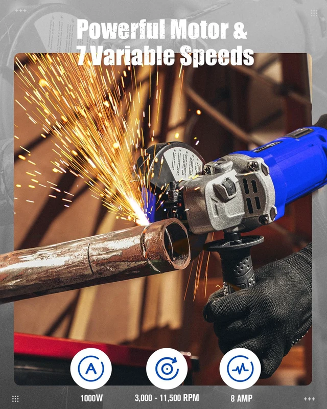 Alt view image 2 of 7 - Angle Grinder 4-1/2 Inch 8.0 Amp 1000W Electric Grinder Tool 7-Variable-Speed Metal Grinder, 11,500 RPM, Paddle Switch with Lock-on Button, Cutting & Grinding Wheels and Side Handle - Blue