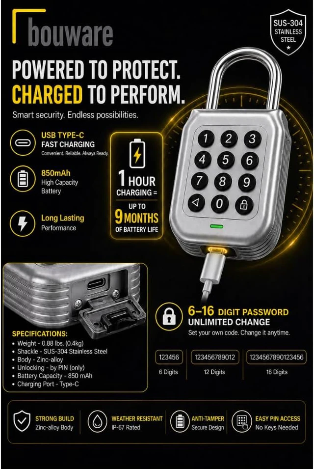 Alt view image 4 of 6 - Smart Padlock Alpha1 Heavy-Duty Electronic Padlock Combination Weatherproof Digital Keypad Number Button Locks with Code, Outdoor/Indoor Use with Upgraded Security Features (Silver)