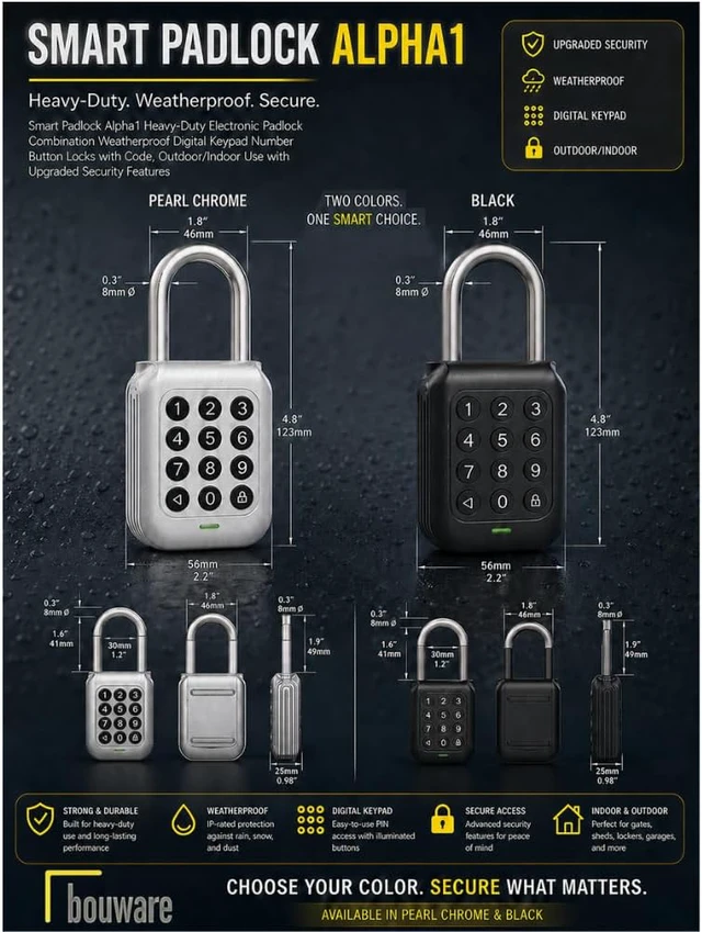 Alt view image 6 of 6 - Smart Padlock Alpha1 Heavy-Duty Electronic Padlock Combination Weatherproof Digital Keypad Number Button Locks with Code, Outdoor/Indoor Use with Upgraded Security Features (Silver)