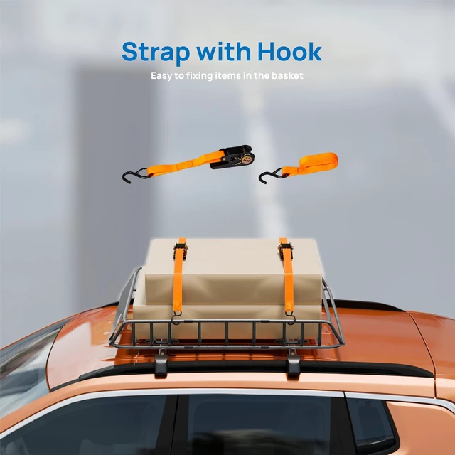 Alt view image 2 of 7 - 46"x 36"x 6" Universal Rooftop Cargo Carrier Basket, Heavy Duty Steel Roof Rack Basket w/4 Straps with Hook, Car Top Rack Luggage Holder Carrier for SUV Car Truck Van
