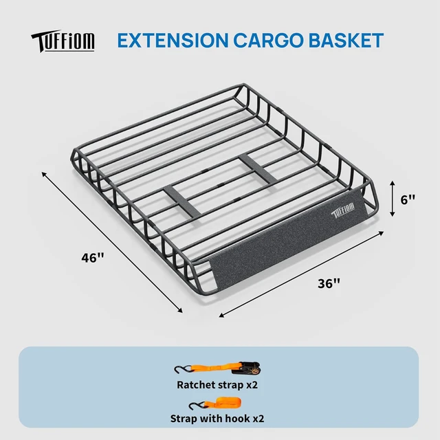 Alt view image 4 of 7 - 46"x 36"x 6" Universal Rooftop Cargo Carrier Basket, Heavy Duty Steel Roof Rack Basket w/4 Straps with Hook, Car Top Rack Luggage Holder Carrier for SUV Car Truck Van