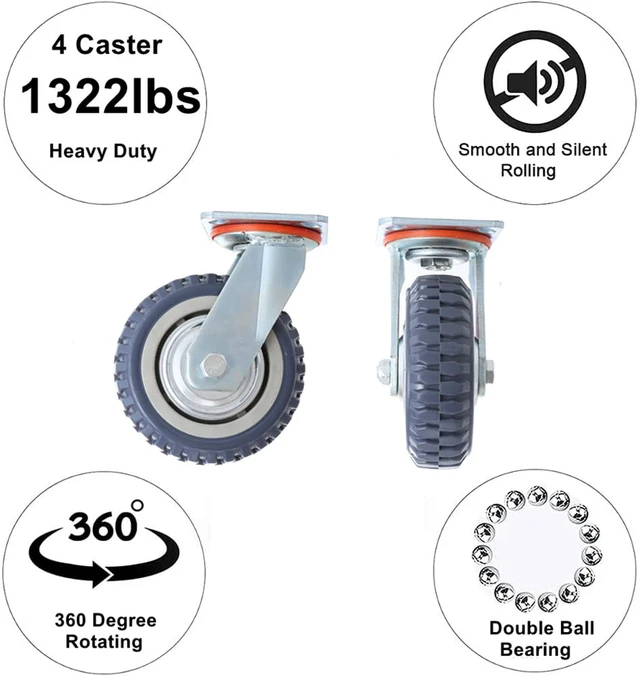 Alt view image 3 of 7 - 6 Inch Heavy Duty Plate Casters Wheels Set of 4 Swivel Casters with Ball Bearing 1322lbs Capacity Smooth Silent 360 Degree Rotation (2 with Brake Lock, 2 Without Brake) PU Material