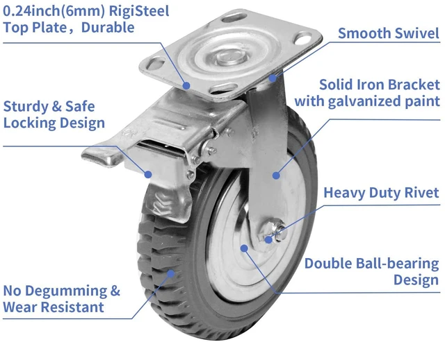 Alt view image 4 of 7 - 6 Inch Heavy Duty Plate Casters Wheels Set of 4 Swivel Casters with Ball Bearing 1322lbs Capacity Smooth Silent 360 Degree Rotation (2 with Brake Lock, 2 Without Brake) PU Material