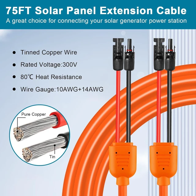 Alt view image 5 of 7 - Solar Panel Extension Cable 75FT - 10AWG+14AWG Solar Wire with Female & Male IP68 Waterproof Connector for RV, Photovoltaic Systems, Home, Boat, Solar Panels, Car