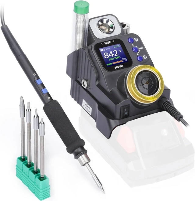 Main image of 982-VI 3 Cordless Soldering Station for Milwaukee 20V Battery Soldering Iron Kit with Integrated Holder, Tips Cleaner, °C-°F Conversion, Sleep Mode, 5 C235 Compatible Tips, 0.8mm Solder Wire