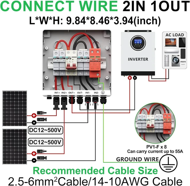 Alt view image 6 of 7 - 2 String Solar PV Combiner Box IP65 2 in 1 Out DC500V 32A Circuit Breaker with Surge Protector and 15A PV Fuse,Solar Disconnect Switch Outdoor Waterproof for Solar Panels System