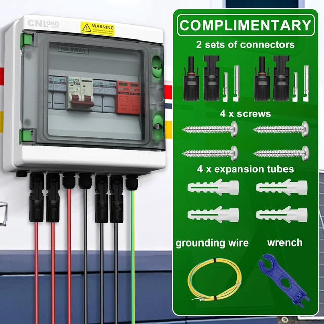 Alt view image 7 of 7 - 2 String Solar PV Combiner Box IP65 2 in 1 Out DC500V 32A Circuit Breaker with Surge Protector and 15A PV Fuse,Solar Disconnect Switch Outdoor Waterproof for Solar Panels System