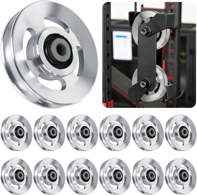 Main image of 12pcs 90mm Universal Aluminum Pulley Wheel for Gym Equipment, Silent Cable Machine Replacement Part,Heavy Duty Undeformable Fitness Aluminum Alloy Bearing Gym Pulley Wheel for Home Gym(Silver)