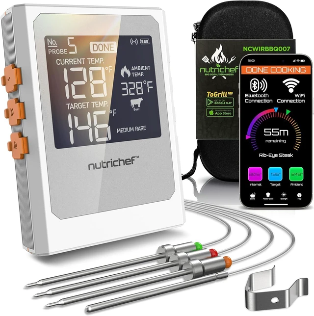Main image of Wireless Meat Thermometer with 2 Stainless Steel Probes Bluetooth & WiFi App for Food Temp Monitoring & Remote Alerts, Digital Display, for Grilling & BBQ Smoking