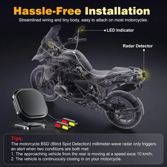Alt view image 6 of 7 - BSD01 Blind Spot Detection System for Motorcycle, 24GHz Millimeter Blind Spot Radar Sensor with RCW Rear Collision Warning, IP69K Waterproof LED Indicators, Universal Bike Radar Detector