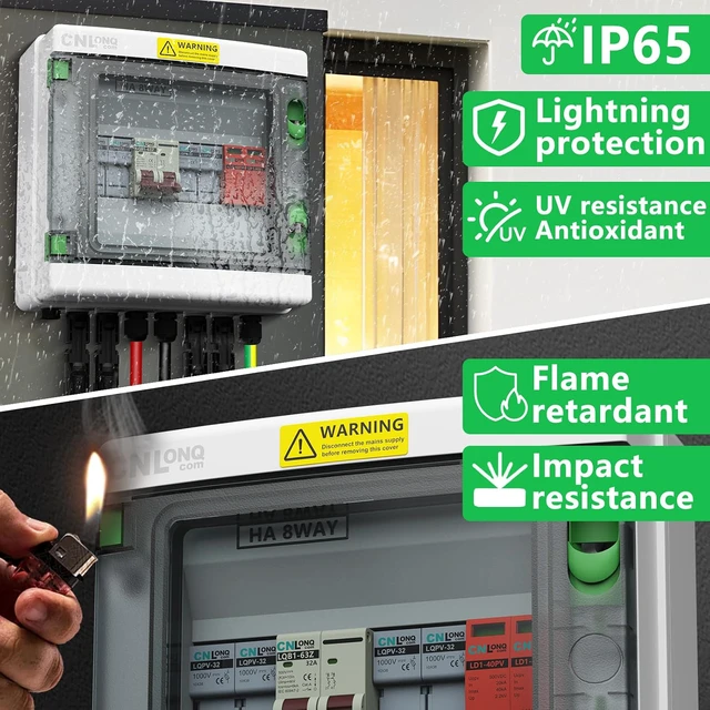 Alt view image 3 of 7 - 2 String Solar PV Combiner Box IP65 2 in 1 Out DC500V 32A Circuit Breaker with Surge Protector and 15A PV Fuse,Solar Disconnect Switch Outdoor Waterproof for Solar Panels System