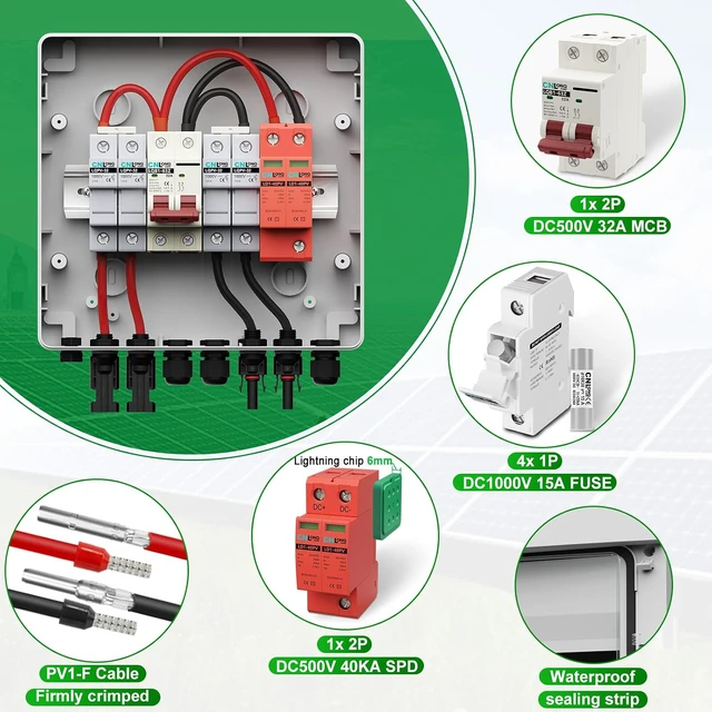 Alt view image 4 of 7 - 2 String Solar PV Combiner Box IP65 2 in 1 Out DC500V 32A Circuit Breaker with Surge Protector and 15A PV Fuse,Solar Disconnect Switch Outdoor Waterproof for Solar Panels System