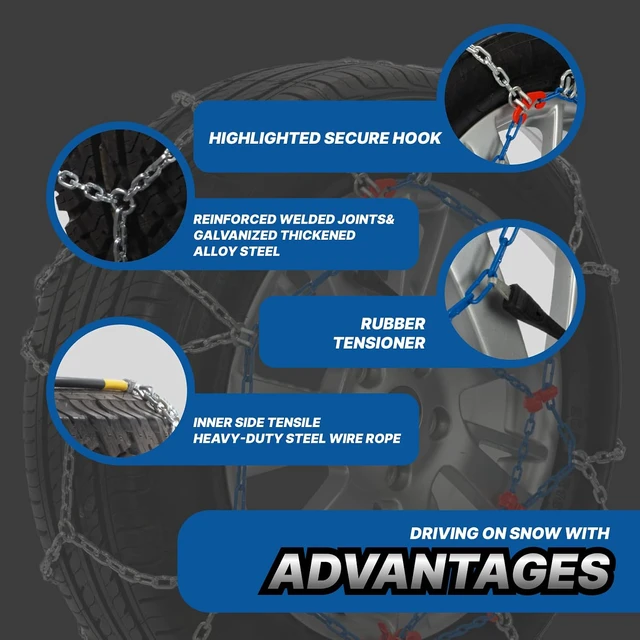 Alt view image 3 of 7 - Snow Chains for Car Tires, Tire Chains for Passenger Cars, Sedan, SUVs, Quick Fit & Easy Installation Snow Tire Chains, Portable Reusable Emergency Tire Traction Chain, Set of 2 (HP1540)