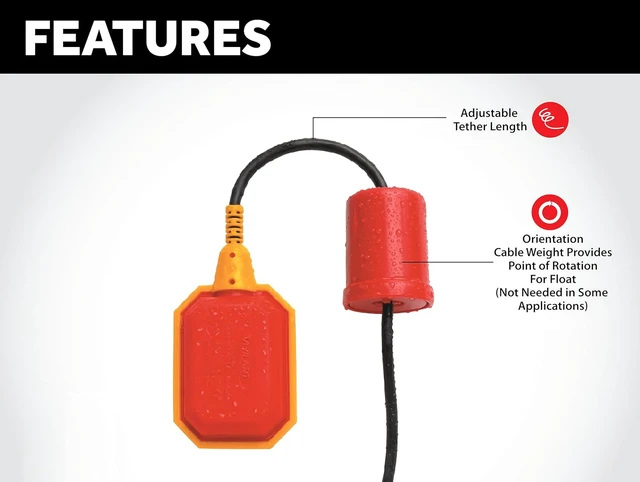 Alt view image 2 of 7 - Float Switch for Sump Pump -33-Foot Water Level Sensor with Microswitch and Adjustable Tether Length for Ground Water Bilge Pump and Water Tank Non-Corrosive PP Casing, Rated to 13 Amps
