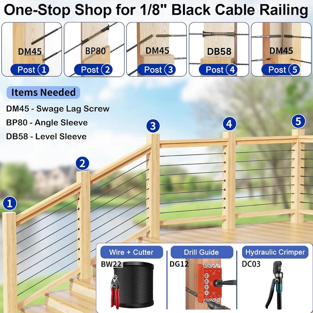 Alt view image 5 of 7 - 200 Pack Cable Railing Protector Sleeves for 1/8 Deck Railing System, Black Cable Railing Kit Hardware for Wood Post, T316 Stainless Steel Marine Grade DB58
