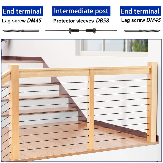 Alt view image 6 of 7 - 200 Pack Cable Railing Protector Sleeves for 1/8 Deck Railing System, Black Cable Railing Kit Hardware for Wood Post, T316 Stainless Steel Marine Grade DB58