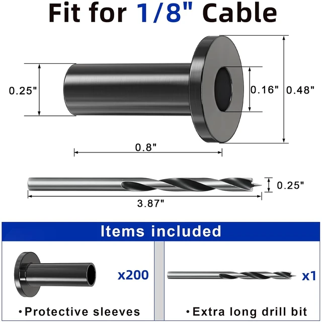 Alt view image 7 of 7 - 200 Pack Cable Railing Protector Sleeves for 1/8 Deck Railing System, Black Cable Railing Kit Hardware for Wood Post, T316 Stainless Steel Marine Grade DB58