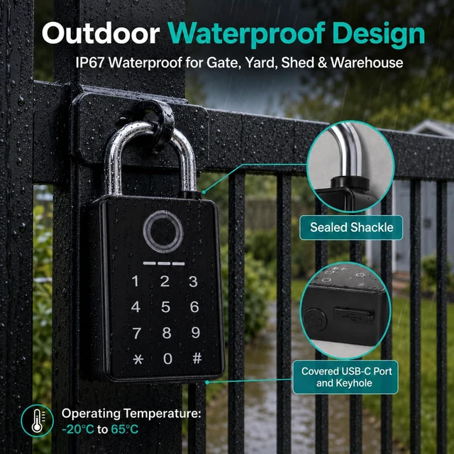 Alt view image 5 of 7 - Heavy Duty Fingerprint Padlock, Smart Padlock Outdoor, Biometric Padlock