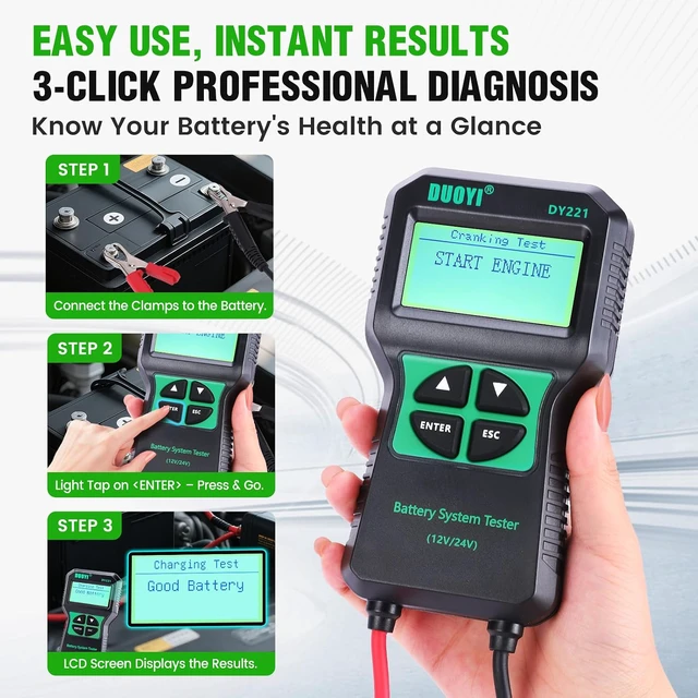 Alt view image 3 of 7 - DY221 Car Battery Tester, 12V 24V Digital Automotive Alternator Meter Diagnostic Tool,100-2000 CCA Load Capacity, Charging & Cranking Analyzer for Cars, Trucks, Motorcycles, Vans, RVs, Boats...