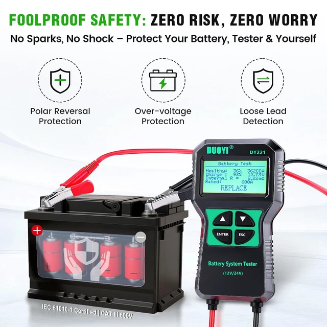Alt view image 4 of 7 - DY221 Car Battery Tester, 12V 24V Digital Automotive Alternator Meter Diagnostic Tool,100-2000 CCA Load Capacity, Charging & Cranking Analyzer for Cars, Trucks, Motorcycles, Vans, RVs, Boats...