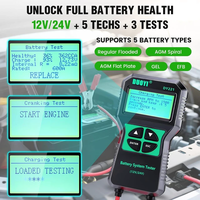 Alt view image 2 of 7 - DY221 Car Battery Tester, 12V 24V Digital Automotive Alternator Meter Diagnostic Tool,100-2000 CCA Load Capacity, Charging & Cranking Analyzer for Cars, Trucks, Motorcycles, Vans, RVs, Boats...