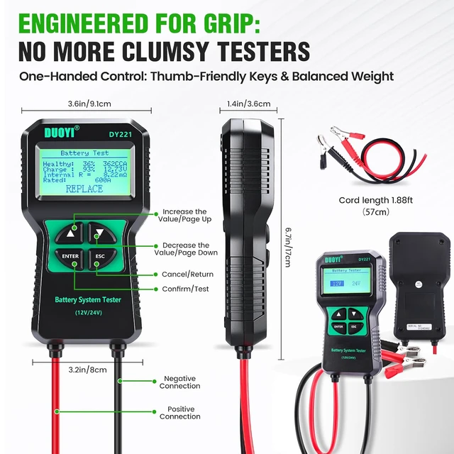 Alt view image 7 of 7 - DY221 Car Battery Tester, 12V 24V Digital Automotive Alternator Meter Diagnostic Tool,100-2000 CCA Load Capacity, Charging & Cranking Analyzer for Cars, Trucks, Motorcycles, Vans, RVs, Boats...