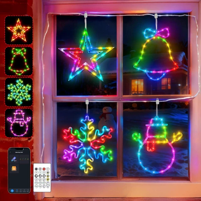 Main image of Smart Christmas Window Lights 4 Pack, RGB Color Changing Window Silhouette Lights with APP & Remote Control, Music Sync, Timer, Snowman, Snowflake, Bell, Star, Indoor & Outdoor Holiday Decor