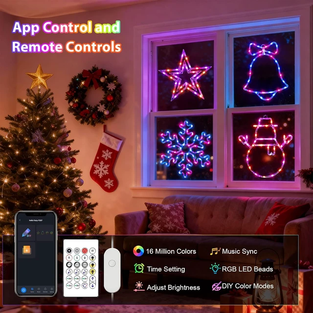 Alt view image 3 of 7 - Smart Christmas Window Lights 4 Pack, RGB Color Changing Window Silhouette Lights with APP & Remote Control, Music Sync, Timer, Snowman, Snowflake, Bell, Star, Indoor & Outdoor Holiday Decor