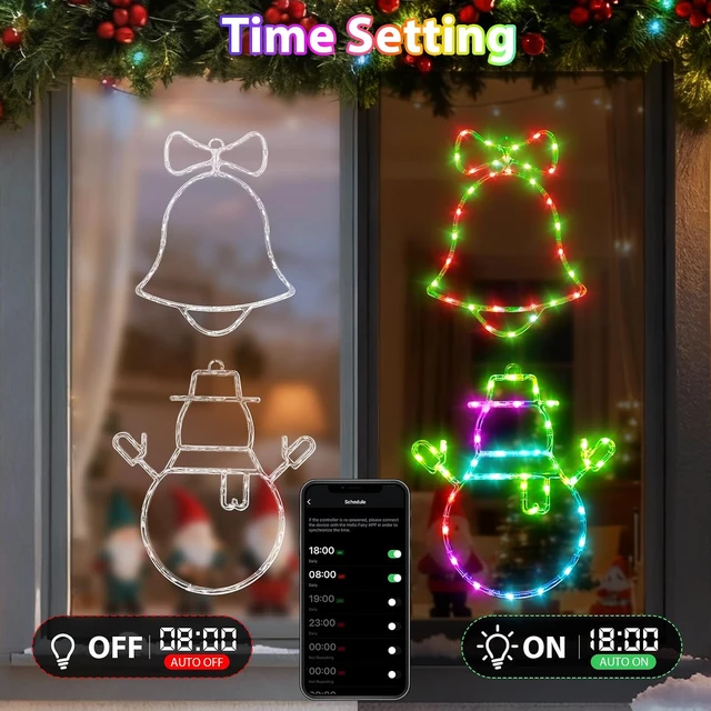 Alt view image 5 of 7 - Smart Christmas Window Lights 4 Pack, RGB Color Changing Window Silhouette Lights with APP & Remote Control, Music Sync, Timer, Snowman, Snowflake, Bell, Star, Indoor & Outdoor Holiday Decor