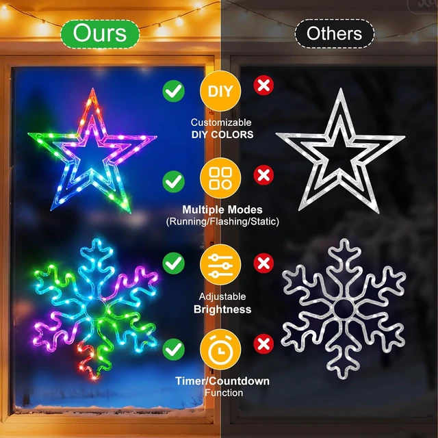 Alt view image 6 of 7 - Smart Christmas Window Lights 4 Pack, RGB Color Changing Window Silhouette Lights with APP & Remote Control, Music Sync, Timer, Snowman, Snowflake, Bell, Star, Indoor & Outdoor Holiday Decor