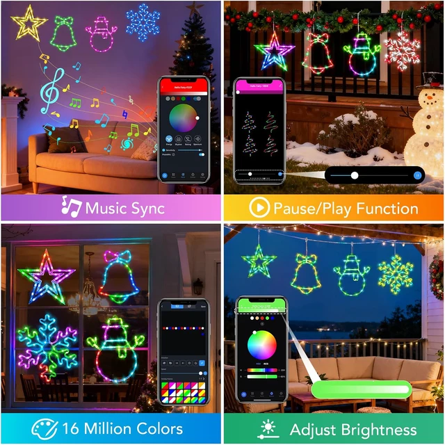 Alt view image 4 of 7 - Smart Christmas Window Lights 4 Pack, RGB Color Changing Window Silhouette Lights with APP & Remote Control, Music Sync, Timer, Snowman, Snowflake, Bell, Star, Indoor & Outdoor Holiday Decor