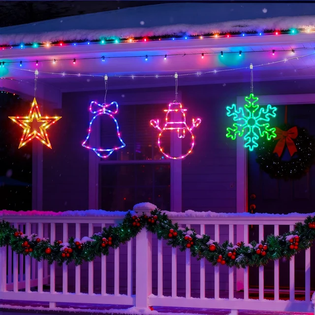 Alt view image 7 of 7 - Smart Christmas Window Lights 4 Pack, RGB Color Changing Window Silhouette Lights with APP & Remote Control, Music Sync, Timer, Snowman, Snowflake, Bell, Star, Indoor & Outdoor Holiday Decor