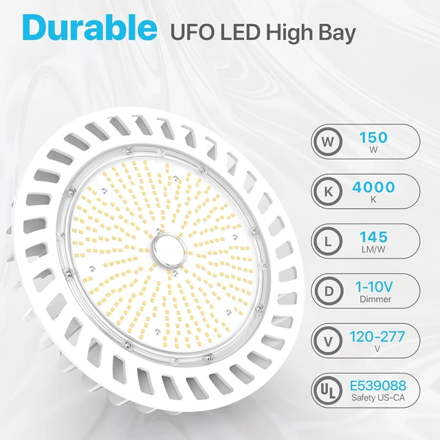Alt view image 2 of 7 - UFO LED High Bay Lights: 150W High Bay LED Shop Light 21,000LM 5000K, 1-10V Dimmable UFO Lights with 110V Plug 5FT Cable, UL Listed High Bay LED Lights for Warehouse Garage Workshop
