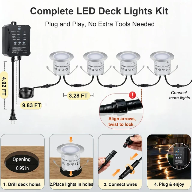 Alt view image 6 of 7 - Dimmable LED Deck Lights with Timer and Photocell Sensor, 20 Pack Recessed Deck Lights Kit, IP67 Waterproof Outdoor Low Voltage Deck Lighting for Step, Stair, Garden, Yard, Patio, Floor Decor