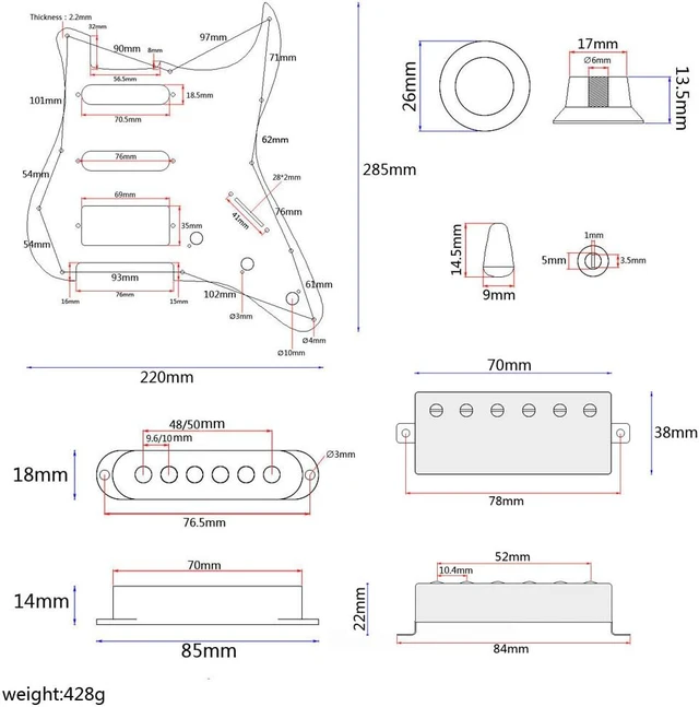 Alt view image 2 of 6 - Prewired Loaded Pickguard,Guitar Pickguard with Humbucker SSH Pickup Set, Alnico V High Output Single Coil Pickups With 3-ply Loaded Pick Guard Pick-ups for Stratocaster Guitar Replacement Parts
