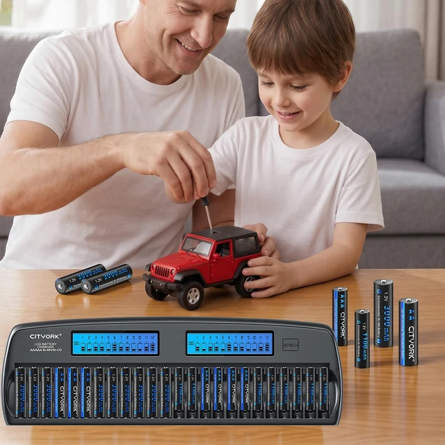 Alt view image 6 of 7 - 24 Bay AA AAA Large Battery Charger Smart LCD Display with Discharge Function for 1.2V AA/AAA NiMH/NiCd Rechargeable Batteries Built-in IC Protection (Car Charger&AC Wall Adapter Included)