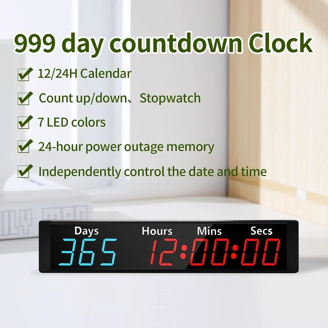 Alt view image 7 of 7 - Digital 999 Days Countdown Count Up Timer Clock with RGB Color
