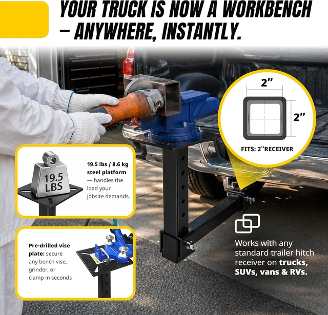 Alt view image 2 of 6 - Hitch Mount Vise Plate Holder HeavyDuty 2 Inch Receiver Workbench Mount Portable Vise and Tool Platform for Trucks SUVs and RVs Alloy Steel Construction (80356)