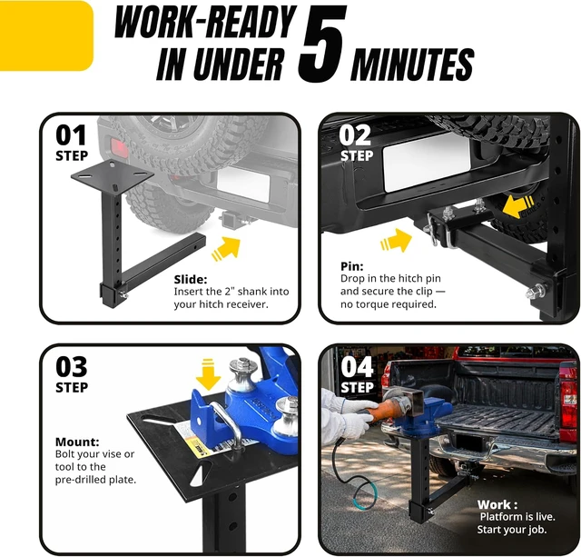 Alt view image 4 of 6 - Hitch Mount Vise Plate Holder HeavyDuty 2 Inch Receiver Workbench Mount Portable Vise and Tool Platform for Trucks SUVs and RVs Alloy Steel Construction (80356)